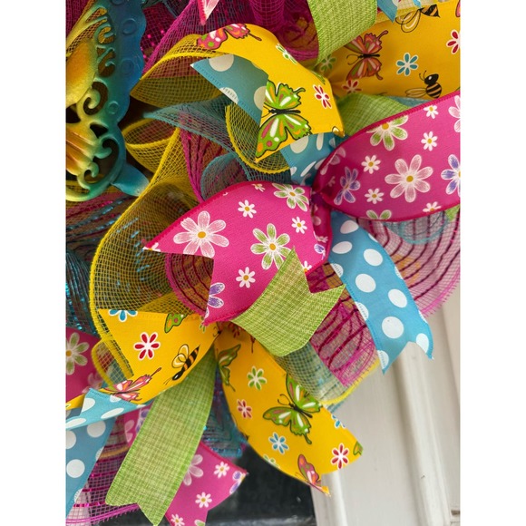 Butterfly Deco Mesh Ribbon Spring & Summer Wreath Front Door Hanger Home Decor - Picture 5 of 8